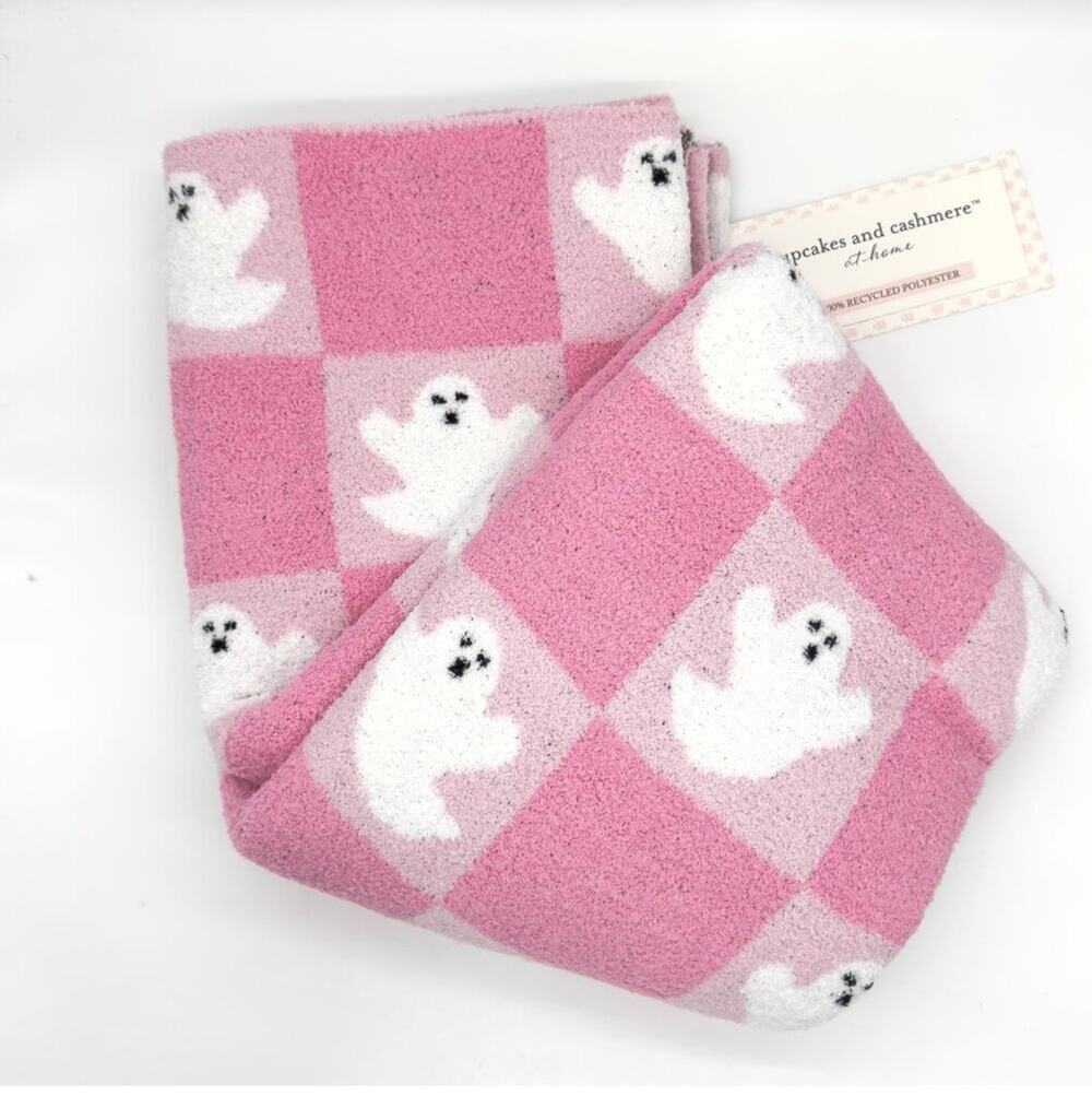 Cupcakes & Cashmere Pink & White Checkered Ghost Throw Blanket Halloween New